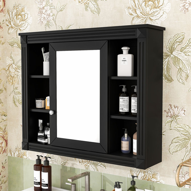 Armoire murale de salle de bain avec miroir et tablettes de rangement, Noir