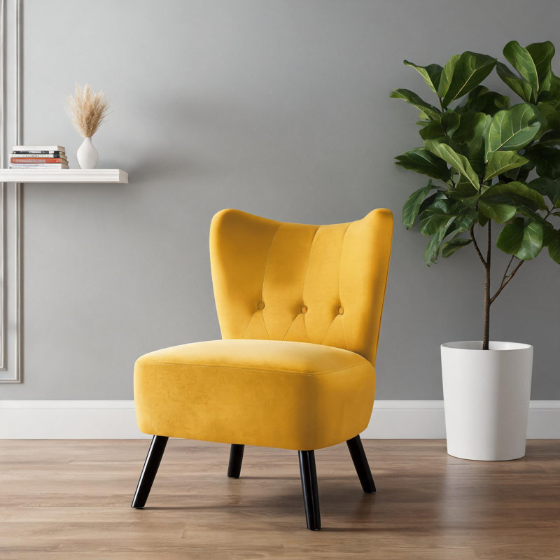 Fauteuil d'appoint avec accoudoirs rétro moderne capitonné à boutons et pieds en bois massif velours jaune ensoleillé, Jaune