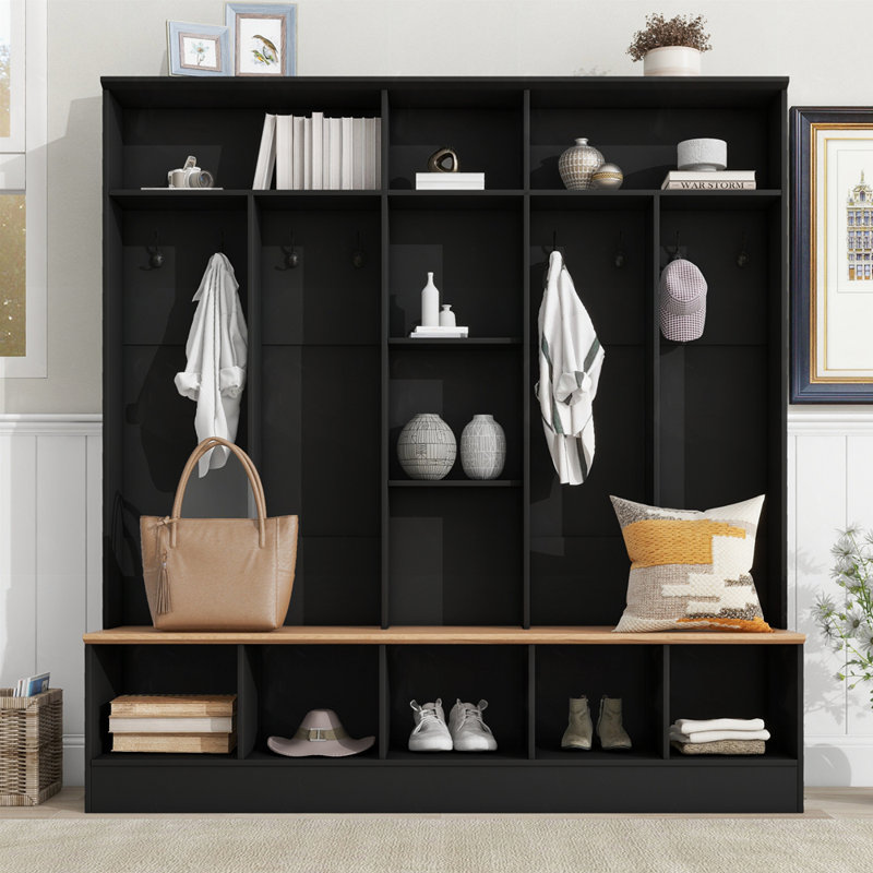 Yomaly Hall Tree with Bench and Shoe Storage, Black