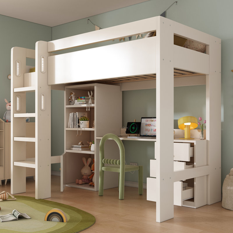 Loft Bed With Desk & Storage - White Space-saving Design, Usb Charging
