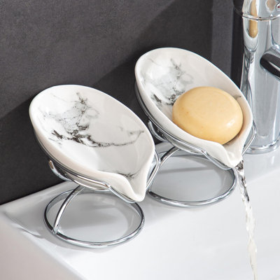 Leaf Shape Ceramic Soap Dish With Self Draining System - Soap Dish With Stainless Steel Stand, 2 Pack