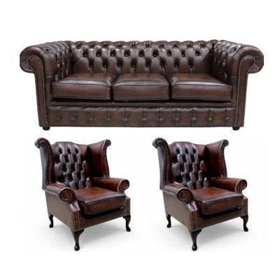 Chesterfield 3 Seater Sofa + 2 X Queen Anne Chairs Leather Sofa Suite Offer