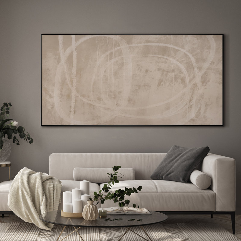 Extra Large Wall Art Fabric Print - Abstract Loop Lines Soft Beige Modern Minimalist Artwork Decor for Living Room or Bedroom - "Frame Assembly Required (Unfinished Frame)"