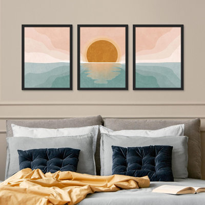 Coastal Beach Minimal Sunset Pastel Ocean Sun Nature Wall Art For Living Room Bedroom Framed 3 Pieces Print