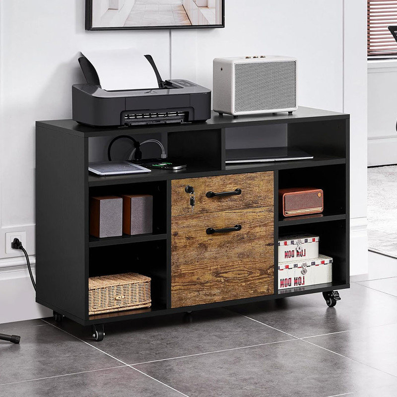 File Cabinet Filing Cabinets with Socket, USB Charging Port and 2 Drawers, Lateral Printer Stand Fits for Home Office Black/Rustic Brown