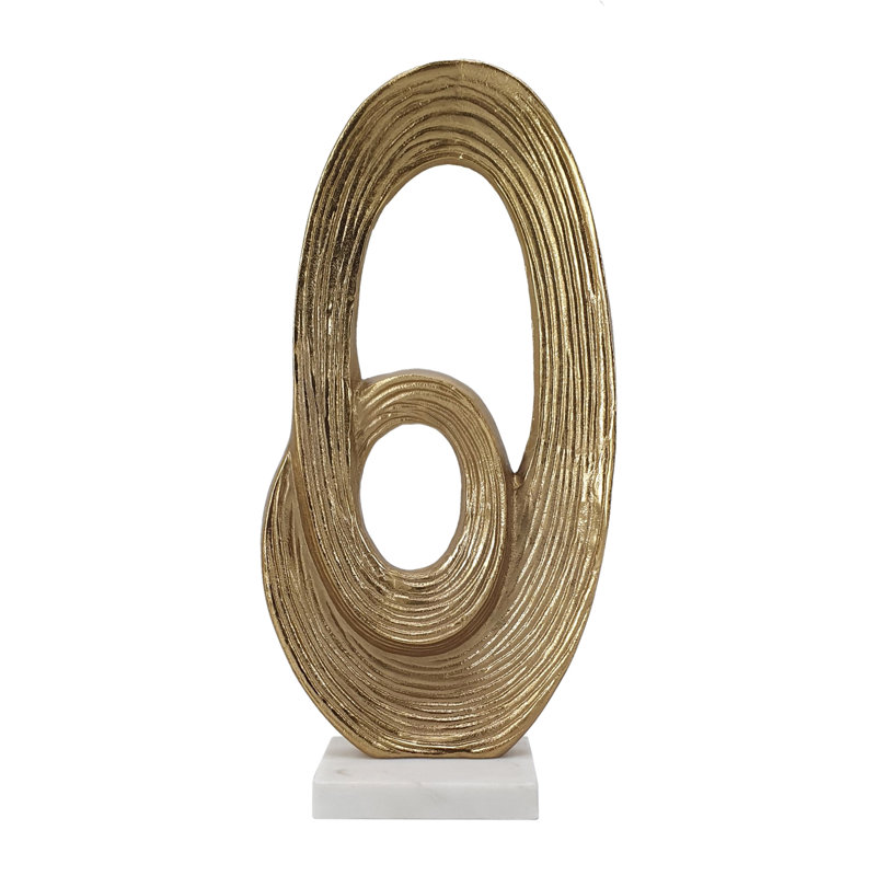 4" Abstract Gold Swirling Sculpture On White Marble Base, 17" H x 7.90" W x 4" D