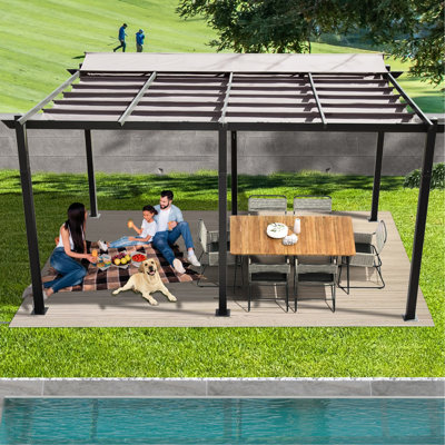 11 X 16 Ft Dark Gray Lawn Sunshade Relaxation Pergola With Canopy. Aluminum, Material, Adjustable For Sun And Chill Courtyard Enjoyment Fabric, Pleasure