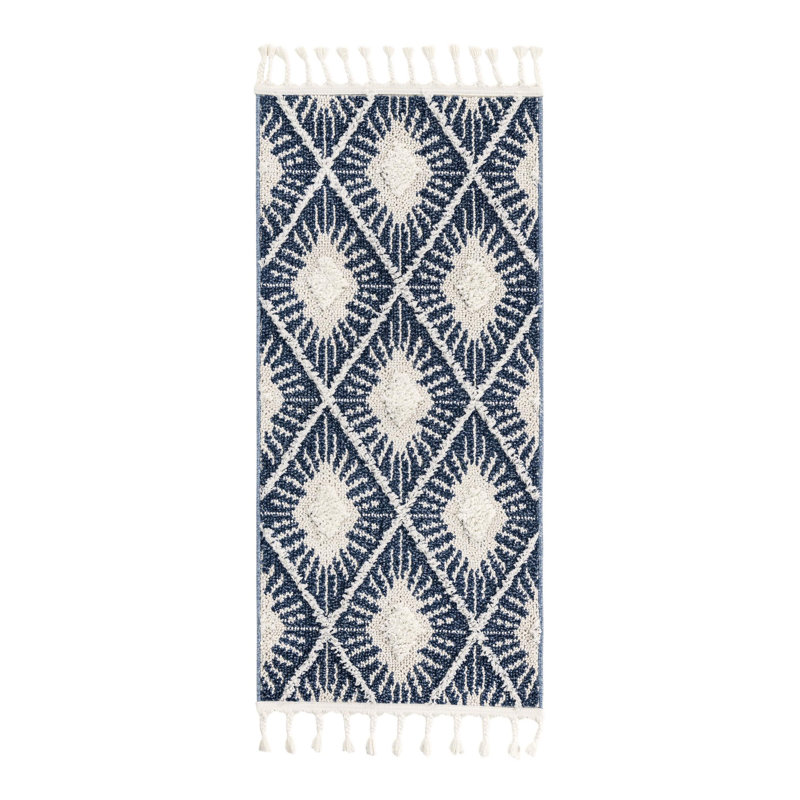 Geometric Machine Woven Runner 2'7 x 12' Polyester Area Rug in Blue, Runner 2' x 4'1"