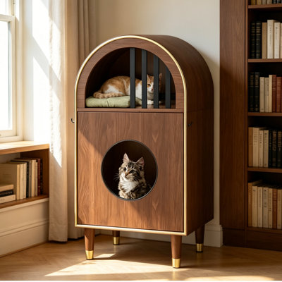 Wood 2-In-1 Cat Litter Box Enclosure With Arched Cat Condo & Bed, Modern Luxury Cat Shelter Furniture For Indoor Use