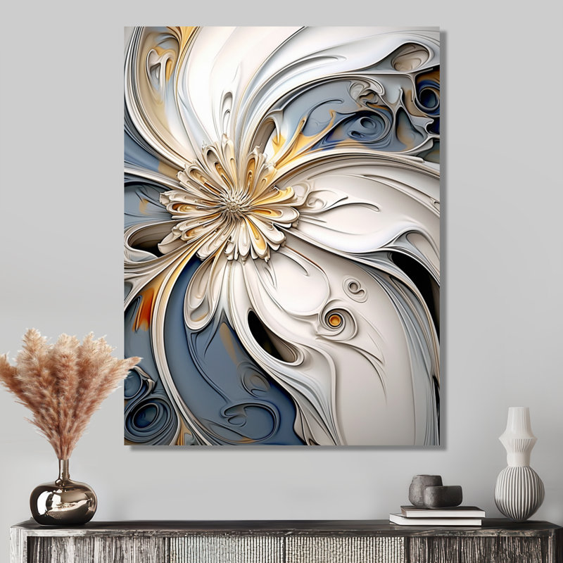 Abstrait fleur flottante blanche - art mural floral moderne, Toile tendue, H 32 po x l 24 po