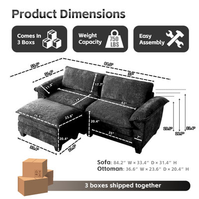 84“ Wide L-Shaped Chenille Sectional Sofa Couch For Small Living Space
