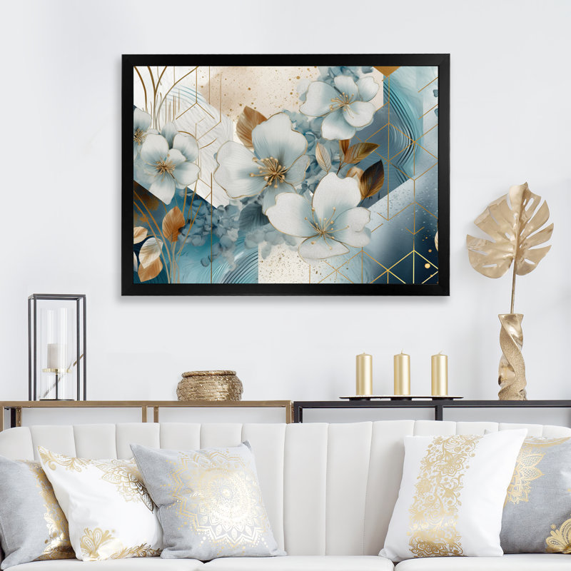 Golden Silky Floral Design I - Art mural sur toile florale, H 12 po x l 20 po, Cadre photo noir