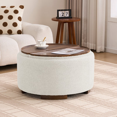 Modern Round Storage Ottoman with Half-half Split Wooden Tray
