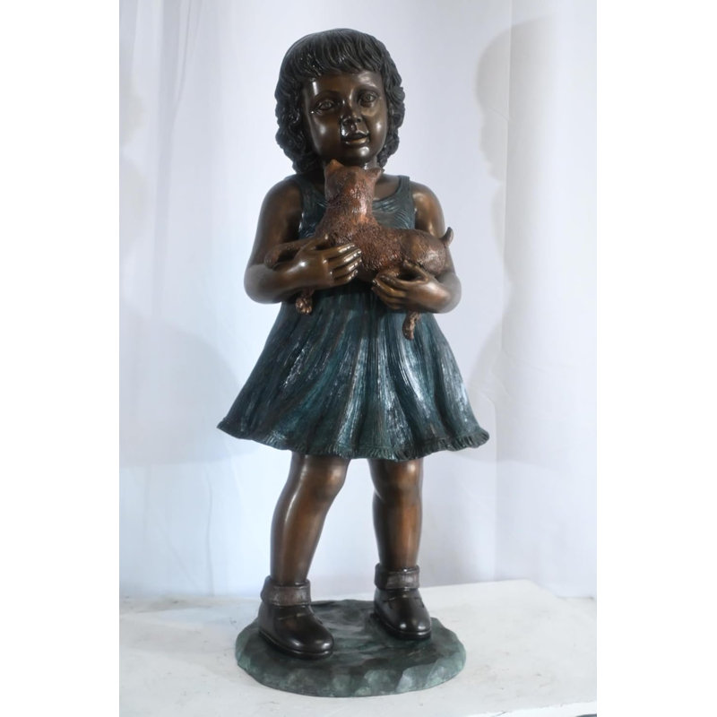 Statue de bronze en bronze tenant un chiot 17 po x 16 po x H 36 po