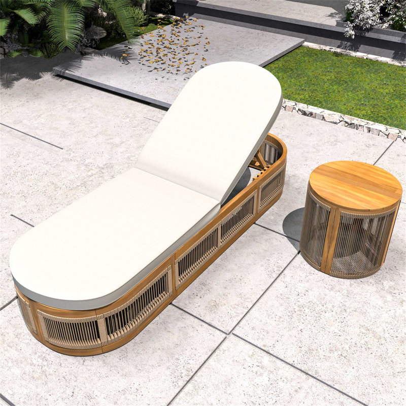 Ensemble chaise longue et table d'appoint pliante en bois d'acacia - Méridienne d'extérieur réglable avec assise en corde tissée