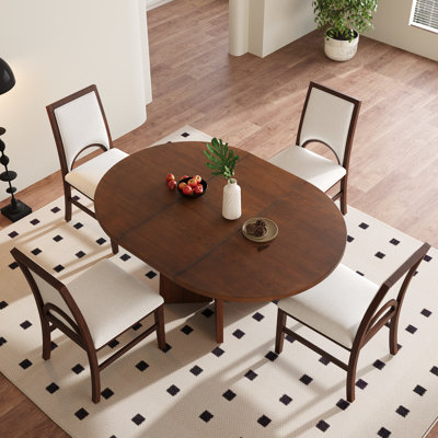TOPMAX Solid Wood Round Dining Table Set for 4, Extendable Kitchen Table Set with 4 Upholstered Dining Chairs and 16inch Removable Leaf for Dining Roo