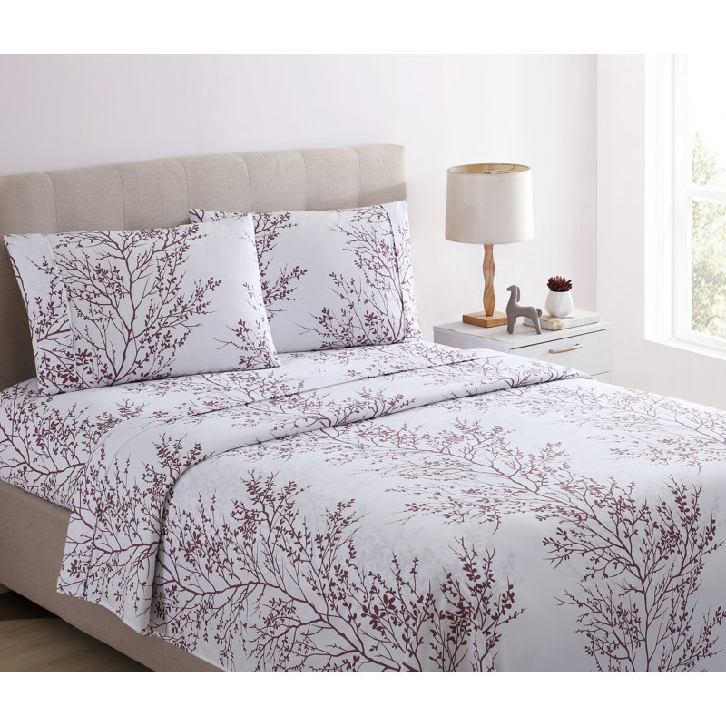 Microfiber Floral Sheet Set, Queen Sheet Set + 1 Fitted Sheet + 2 Pillowcases, White/Lilac
