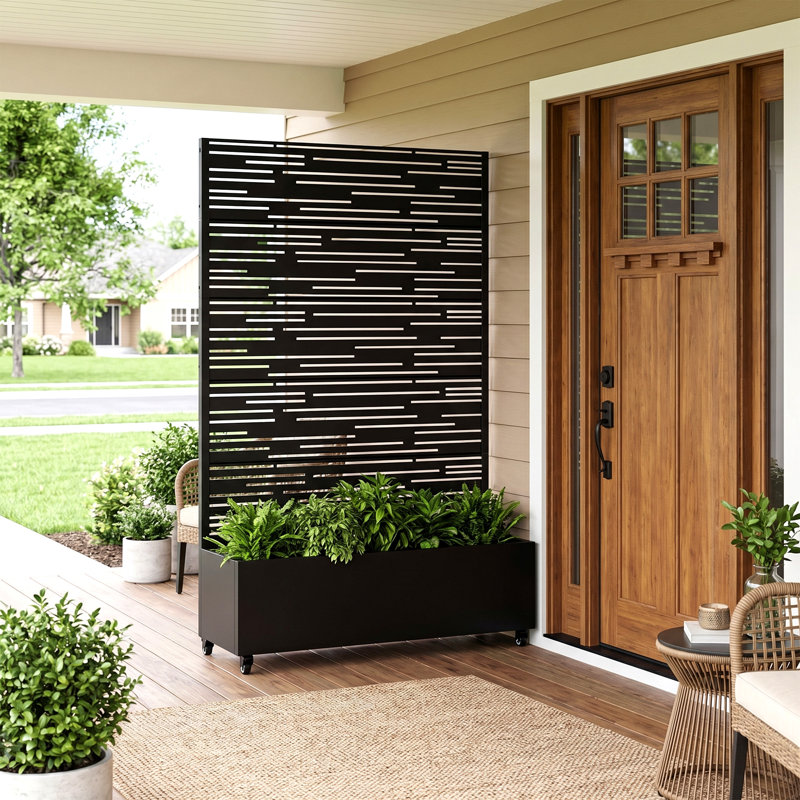 Metal Planter Box with Trellis with Wheels, Black, 72" H x 47" W x 16" D
