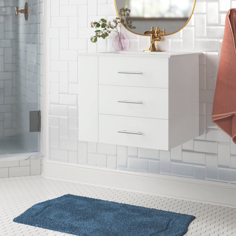 Ensemble de meuble-lavabo mural simple 24 po avec comptoir en céramique blanc mat et tablette latérale gauche Aurilla