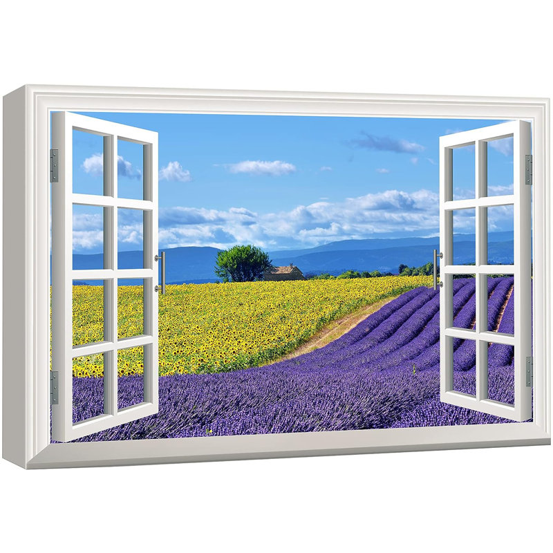Fenêtre, paysage, fleurs de lavande mauves, nature sauvage sur toile, H 12 po x l 18 po x P 1,5 po