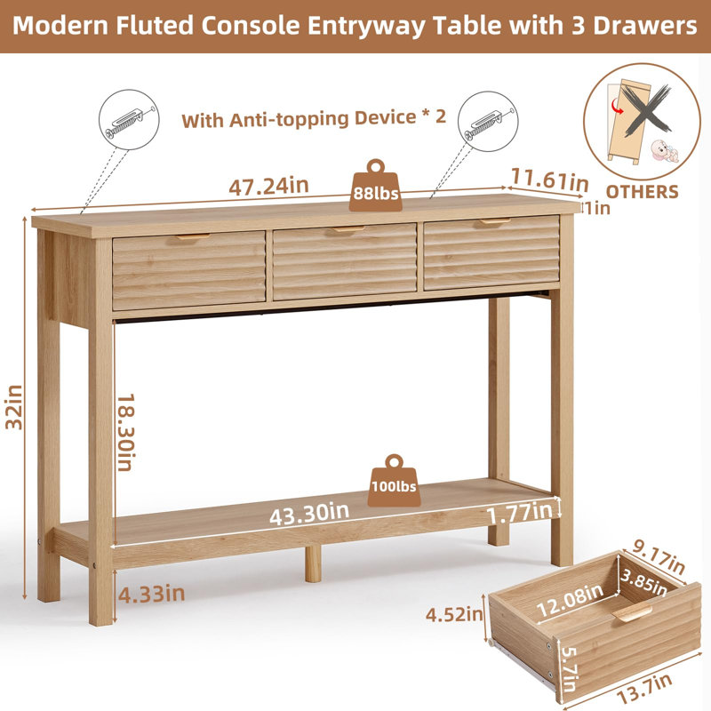 Fluted 47.2" Console Table with 3 Drawers, Modern Wood 2 Tier Entryway Table with Open Storage Shelf, Boho Sofa Entry Tables Behind Couch for Living Room, Hallway, Entrance Foyer (Natural Oak)