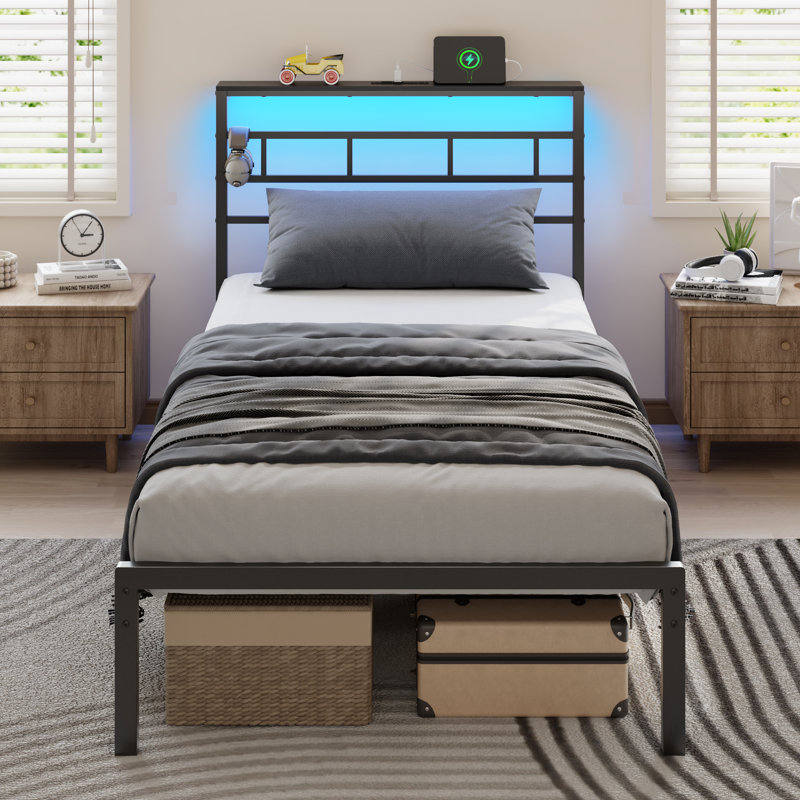 Metal Platform Bed Frame With Storage Headboard,Twin Bed with Adjustable LED Light and Charging Station, No Box Spring Needed