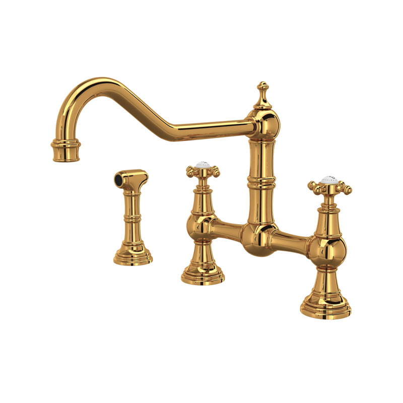Edwardian Extended Spout Bridge Kitchen Faucet With Side Spray, English Gold