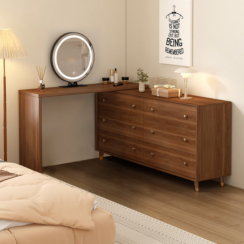 Makeup Vanity Desk with Mirror and Lights, 60-100 inch Extendable Mid Century Walnut Makeup Dresser Combo with 55 Inch 6 Drawer Dresser and L Shaped Vanity Desk, Without Stool, Brown