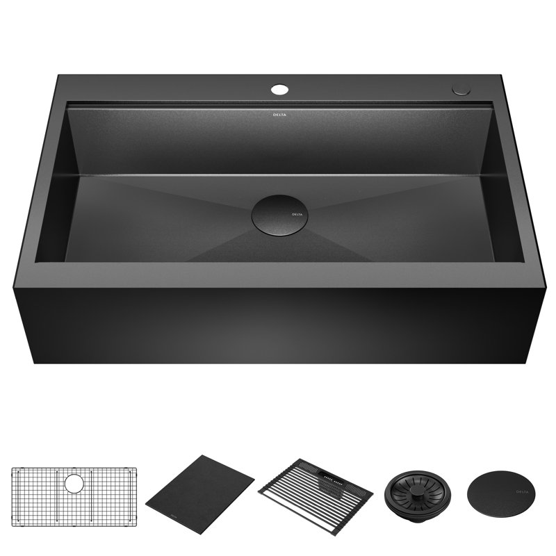 Delta Rivet™ Black Stainless Steel Retrofit Farmhouse Apron Front 16 Gauge Workstation Kitchen Sink Single Bowl