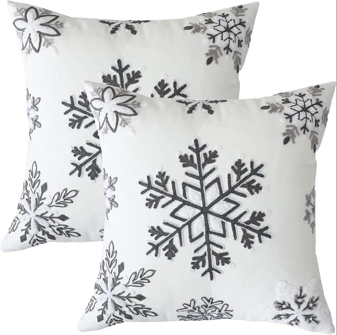 Snowflake Embroidered Neutral Holiday Decor Throw Pillow Soft And