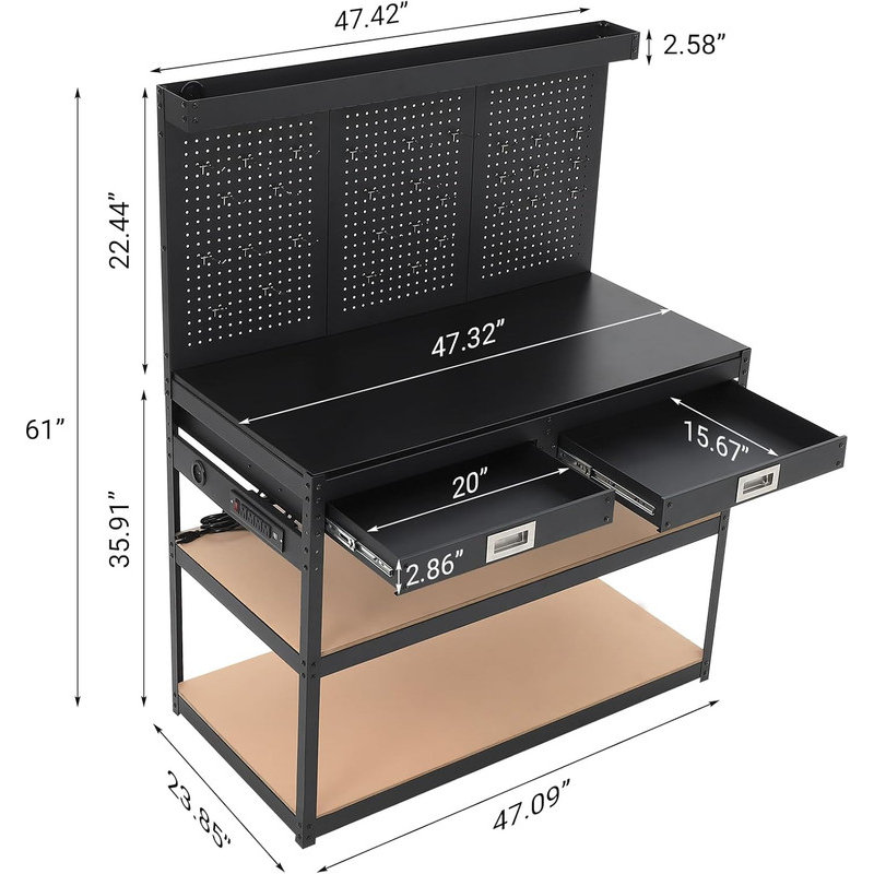 Établi à 3 niveaux avec 2 tiroirs et panneau perforé, table de travail en métal robuste avec prises de courant