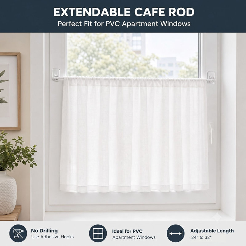 Ensemble de 2 tringles à rideaux café 24 "à 32" et 4 crochets auto-adhésifs blancs, 24” – 32”