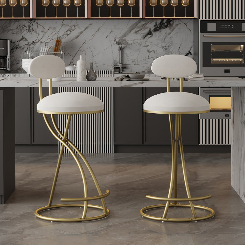 Tabouret de bar rond en velours sans accoudoirs avec dossier, ensemble de 2 chaises de comptoir rembourrées