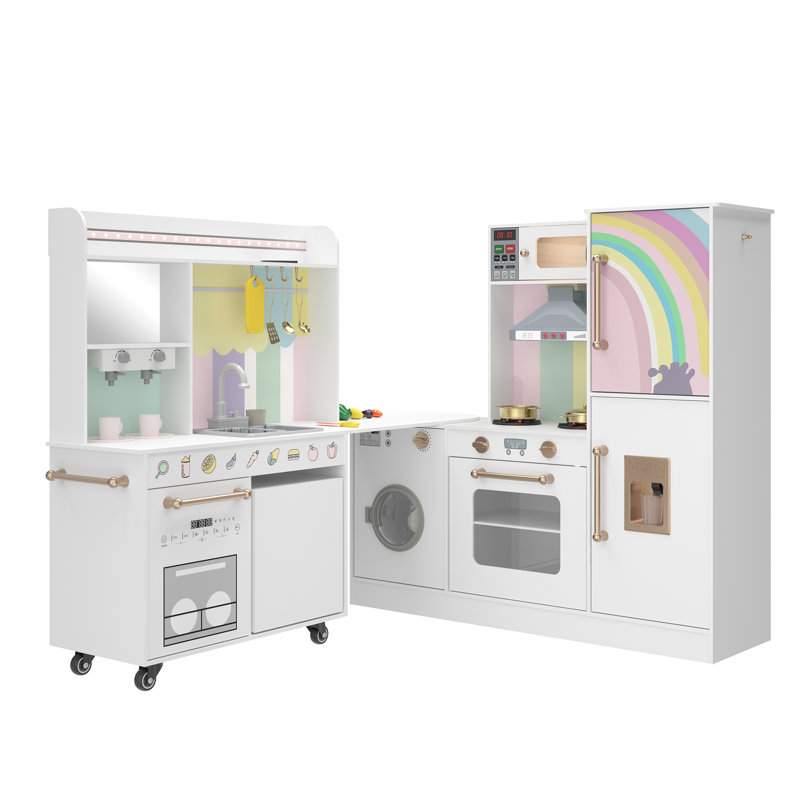Wooden Corner Play Kitchen Set For Kids, Pretend Play Kitchen Features Sink With Running Water, Stove With Light And Sound, Ice Maker & Washer, Toy For Toddlers 3+(white)