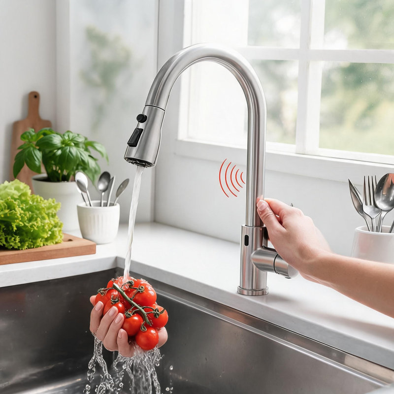 Robinet de cuisine en acier inoxydable brossé sans contact avec capteur de mouvement et douchette extractible