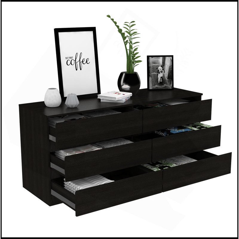 Commode double à six tiroirs Seul, plateau supérieur, Noir