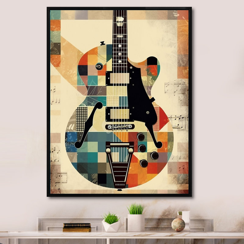 Cubisme de guitare - musique, art mural pour le salon, H 44 po x l 34 po x P 1,5 po, Cadre flottant noir