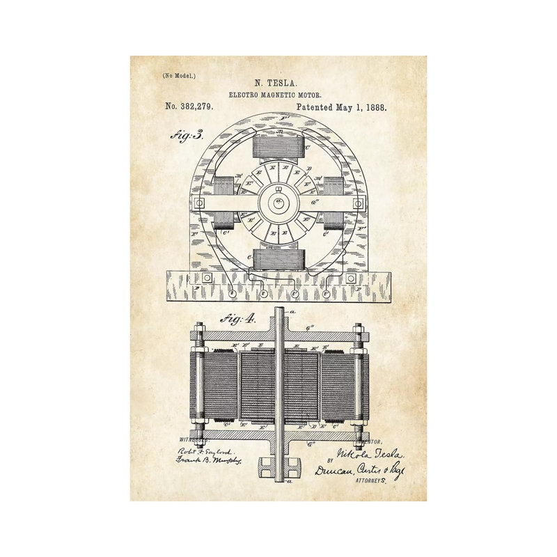 Nikola Tesla Electromagnetic Motor - Wrapped Canvas Print, 20.32 cm H x 30.48 cm W