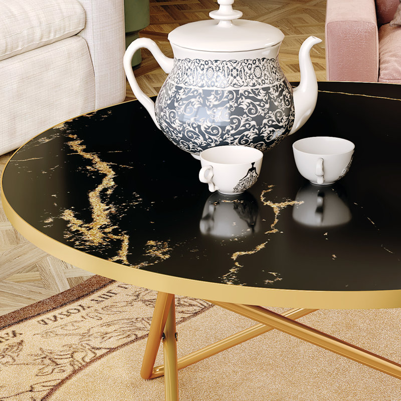 Table de bout ronde 31,49 po avec plateau en faux marbre moderne pour le salon ou le bureau, Noir