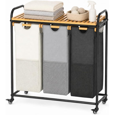 Panier à linge à roulettes, chariot de tri du linge à 3 compartiments de 105 L