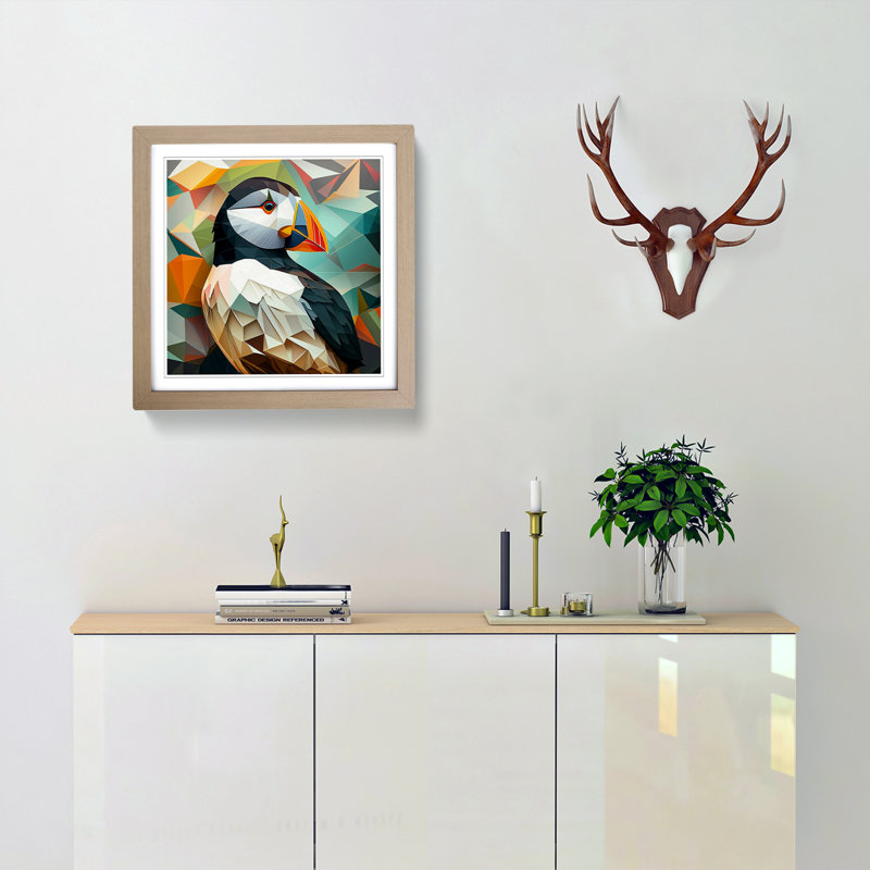 Puffin Cubism - Single Picture Frame Print on Wood, Oak