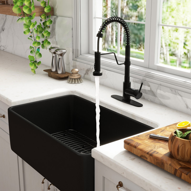 CASAINC Single Bowl Black Fireclay Farmhouse Kitchen Sink With Faucet Included, Matte Black