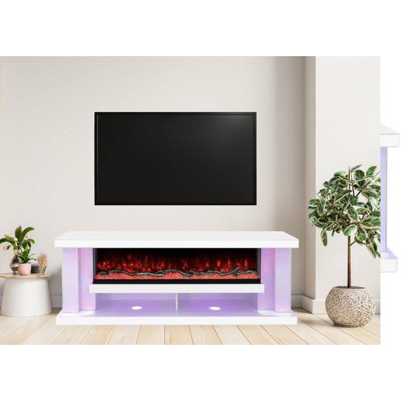 Meuble télé ultrabrillant / foyer électrique avec tablettes, lumières à DEL RVB, haut-parleur Bluetooth, télécommande - aucun assemblage requis