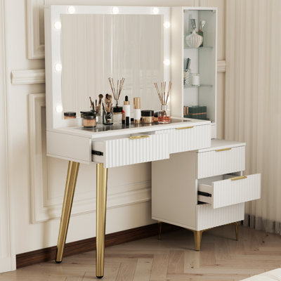 55" White Fluted Makeup Vanity with LED Light Mirror, Freestanding Side Storage Cabinet, 4 Drawers & Gold Metal Legs, Modern Bedroom Dressing Table