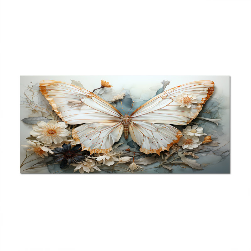 «Bisson White Gray Butterfly», reproduction sur toile encadrée, Toile tendue, H 28 po x l 60 po, Sans cadre