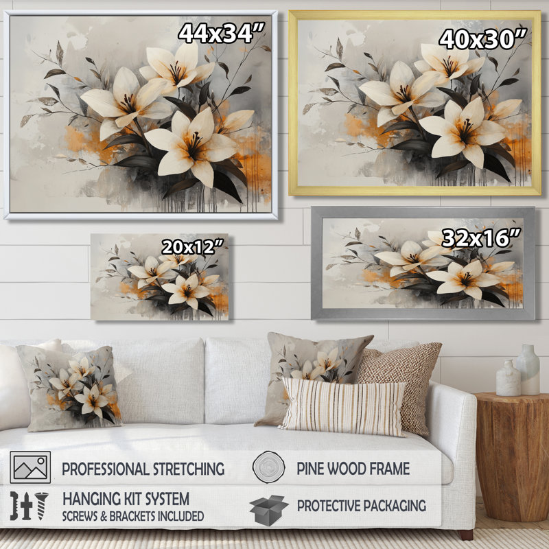 «White Lilies II», art mural blanc, H 28 po x l 60 po, Impression encadrée flottante, Argent argent