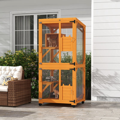 Grand, 71 po en bois avec une conception avancée, pour 1 à 3 chats, intérieur et extérieur, enclos pour chat orange, aire de couchage surélevée, toit en asphalte,