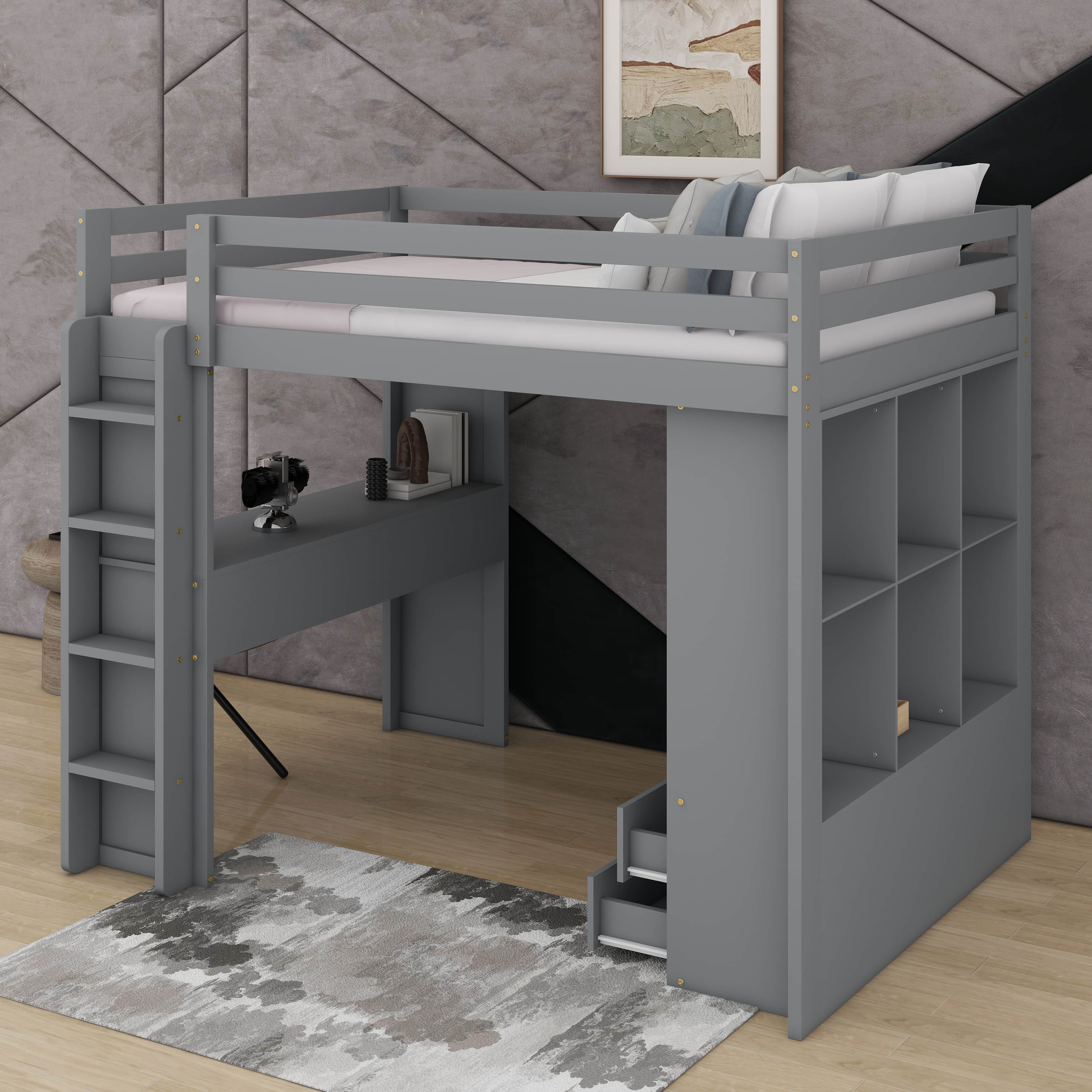 Latitude Run® Twin Size Loft Bed With Large Shelves,LED Light And Desk ...