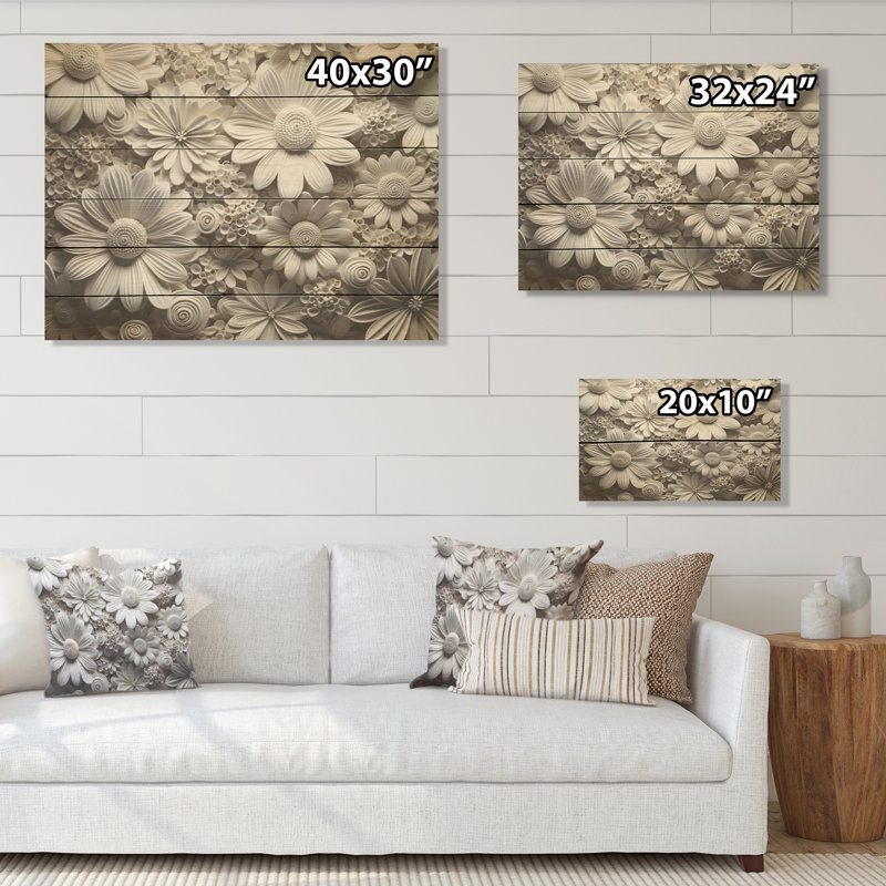 Collage de fleurs saisonnières noires et blanches - Art saisonnier sur bois de pin naturel, H 30 po x l 40 po