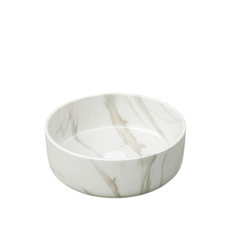 14'' Bathroom Sink, Round Vessel Ceramic Sink With Stone Pattern Without Faucet, No Cabinet, Matte White